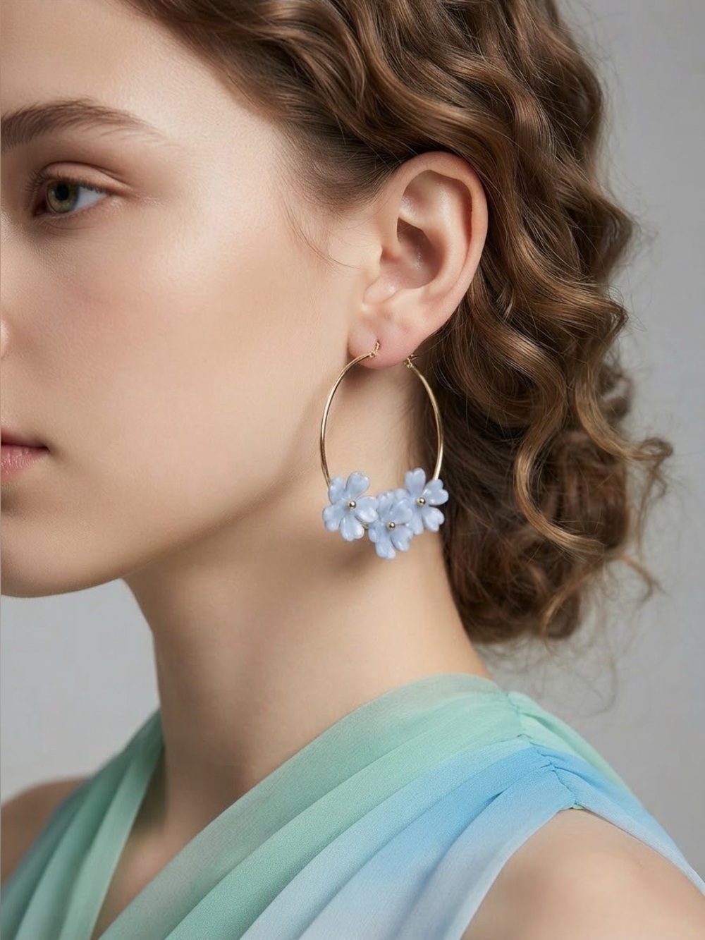Blue Flower Hoop Earrings | Gold Tone Boho Floral Charm Hoops